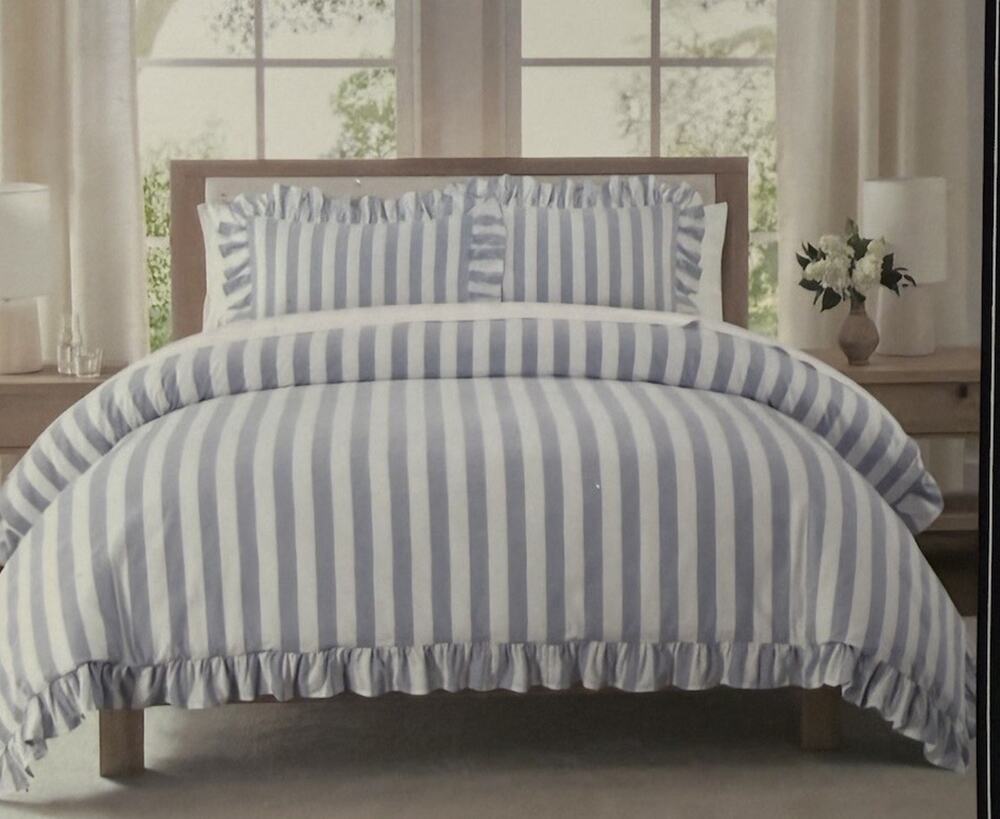 New Brooks Brothers Cotton Queen Full Duvet Set (3 Pc) Blue Striped Ruffle Cute